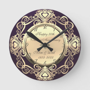 Gold Swirls Hearts Diamond Violet 50th Wedding Round Clock