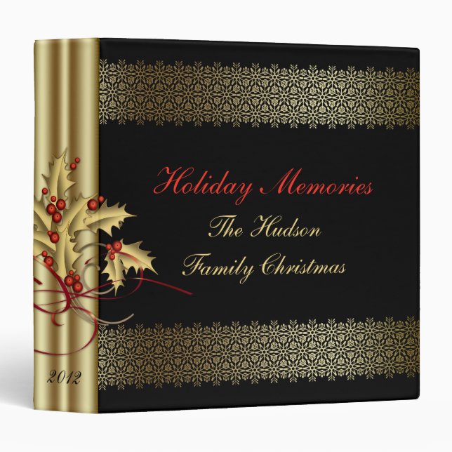 Gold Swirls Holly Red Berries Black Christmas 3 Ring Binder (Front/Spine)