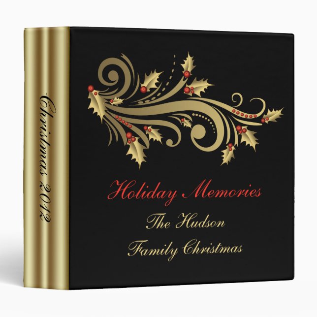Gold Swirls Holly Red Berries Black Christmas 3 Ring Binder (Front/Spine)