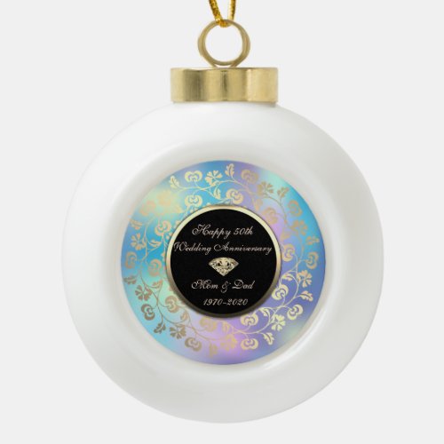 Gold  Swirls Holographic 50th Wedding Anniversary Ceramic Ball Christmas Ornament