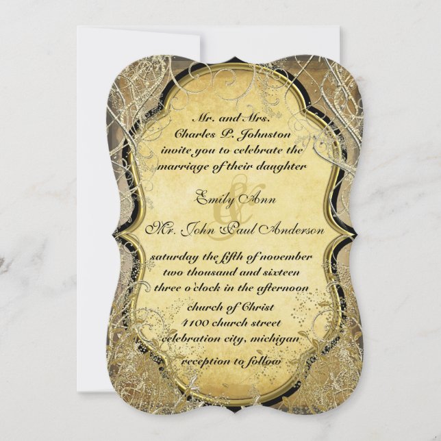 Gold Swirls & Leaves on Burnt Gold Metallic Paper Invitation (Front)