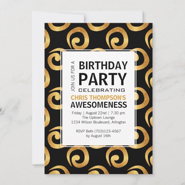 Gold Swirls on Black Modern Birthday Party Invitation (Front)