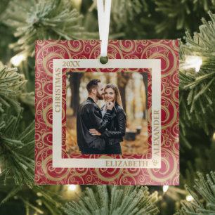 Gold Swirls Photo Cranberry Glass Ornament