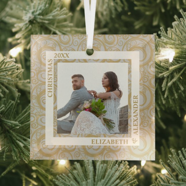 Gold Swirls Photo Gray Glass Ornament (Insitu)