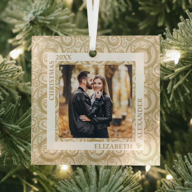 Gold Swirls Photo Ivory Glass Ornament (Insitu)