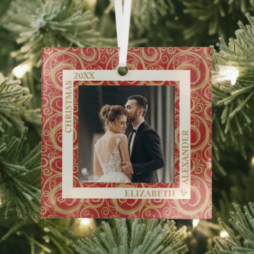 Gold Swirls Photo Red Glass Ornament