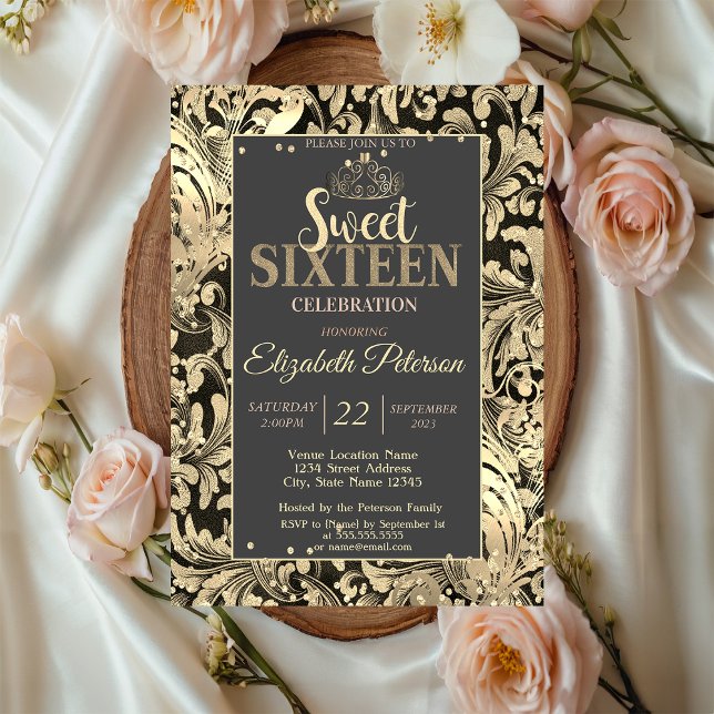 Gold Swirls Tiara Sweet Diamonds 16 Party Invitation (Creator Uploaded)
