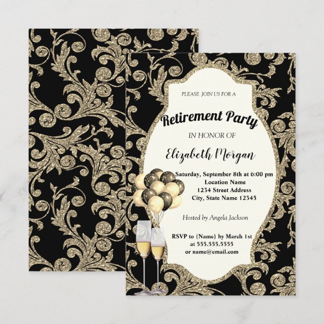 Gold Swirls  Wine Glas , Ballons, Retirement Party Invitation (Front/Back)