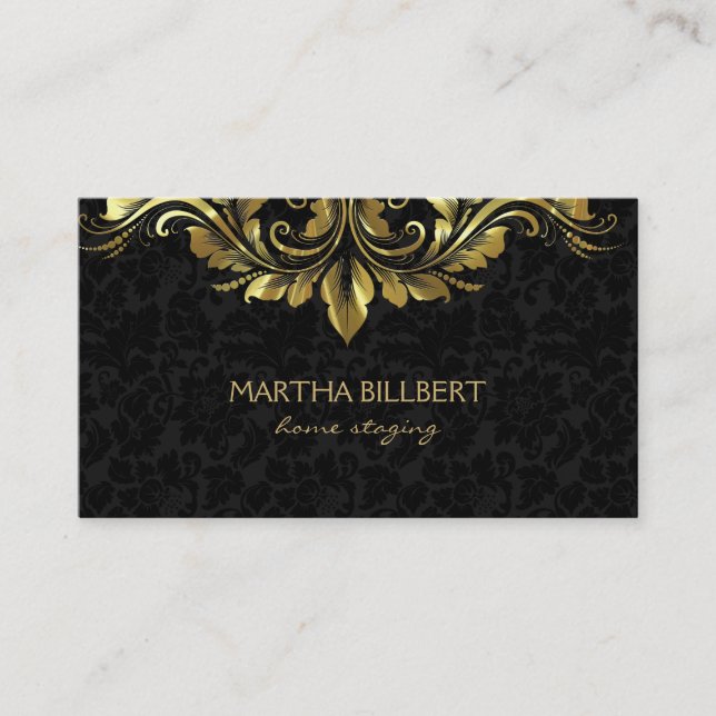 Gold Swirly Lace On Black Damasks Business C Business Card (Front)
