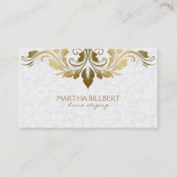 Gold Swirly Lace On Plush White Damasks Business Card