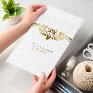 Gold Swirly Lace On Plush White Damasks Envelope Mailers