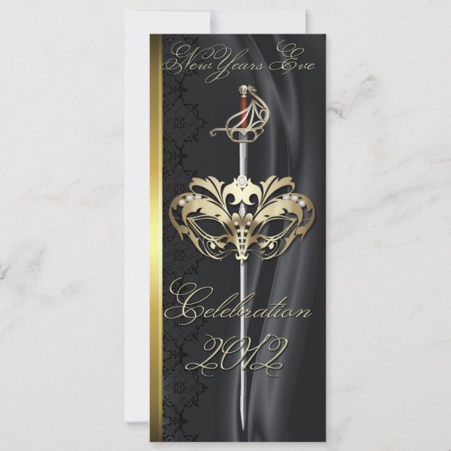 Gold Sword Masquerade Black New Years Invitation (Front)