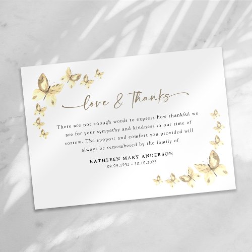 Gold Sympathy Butterflies Funeral  Thank You Card