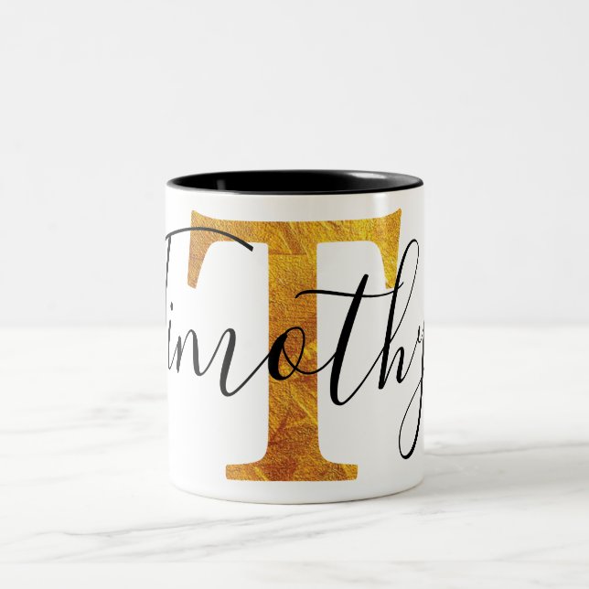 Gold 'T' Monogram w/ Personalized Name Two-Tone Coffee Mug (Center)