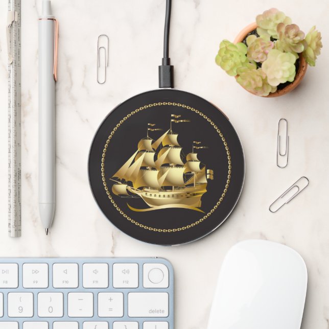 Gold Tall Masted Sailing Vessel Nautical  Wireless Charger (Desk)