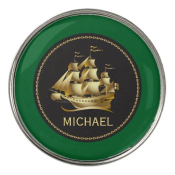 Gold Tall Masted Ship With Name Golf Ball Marker by DP_Holidays at Zazzle