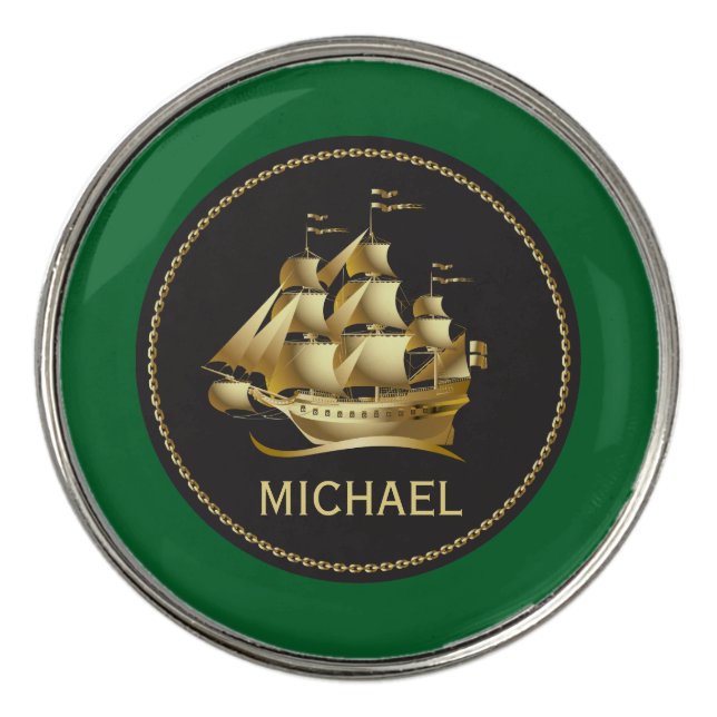 Gold Tall Masted Ship with Name Golf Ball Marker (Front)