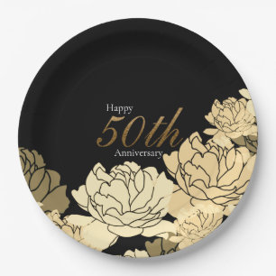 Gold, tan and beige 50th anniversary rose print pa paper plates