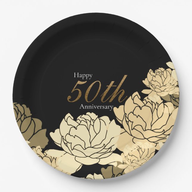 Gold, tan and beige 50th anniversary rose print paper plates (Front)