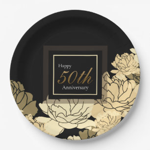 Gold, tan and yellow 50th anniversary rose print paper plates