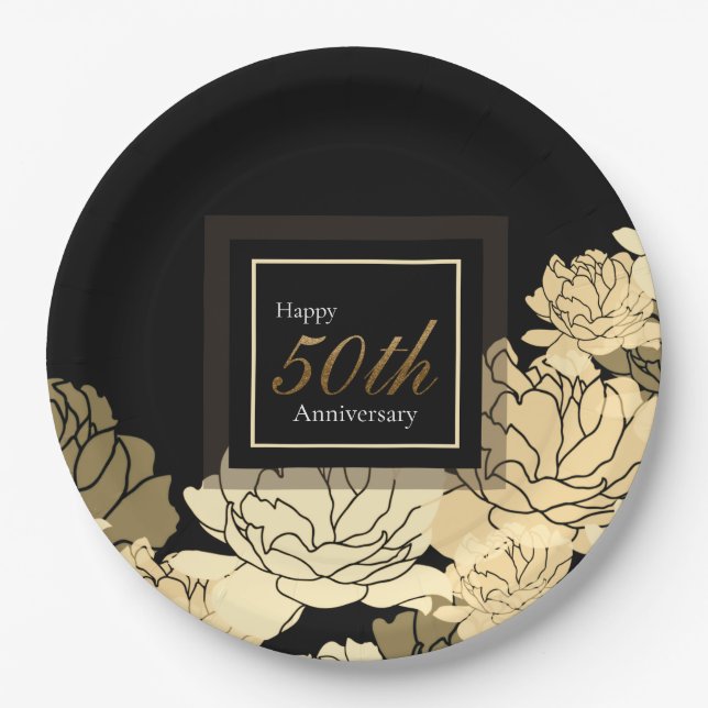 Gold, tan and yellow 50th anniversary rose print paper plates (Front)