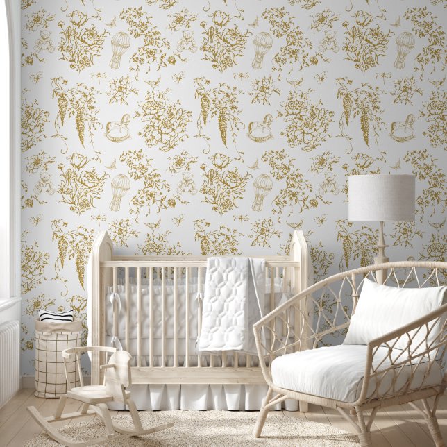 Gold Tan Toile Floral Teddy Bear Elegant Classic Wallpaper (Kids)