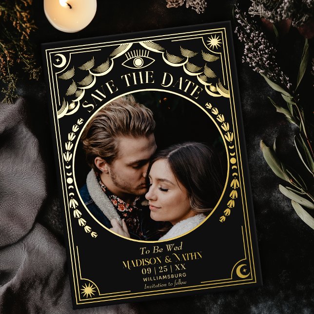 Gold Tarot Gothic Wedding Photo Save the Date Foil Invitation (Creator Uploaded)