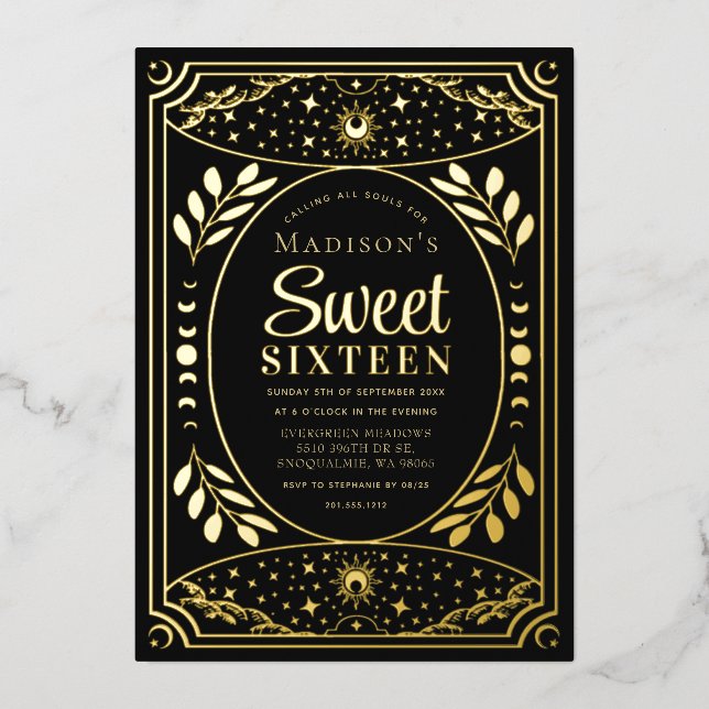 Gold Tarot Witchy Sweet 16 Birthday Party Foil Invitation (Front)