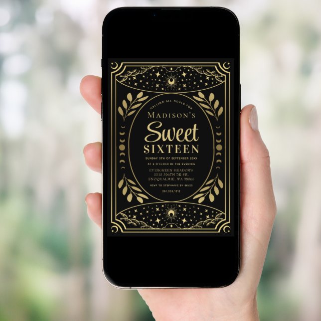 Gold Tarot Witchy Sweet 16 Birthday Party Invitation (Front Digital)