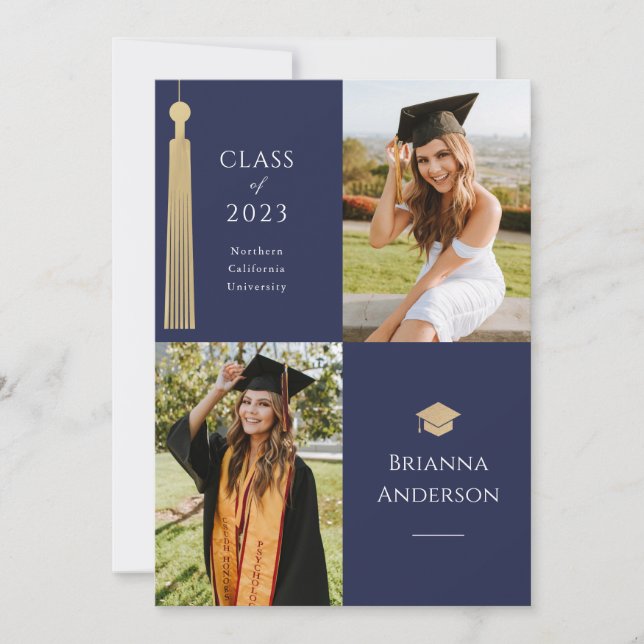 Gold Tassel & Cap 2 Photo Blue Graduation Invitation (Front)