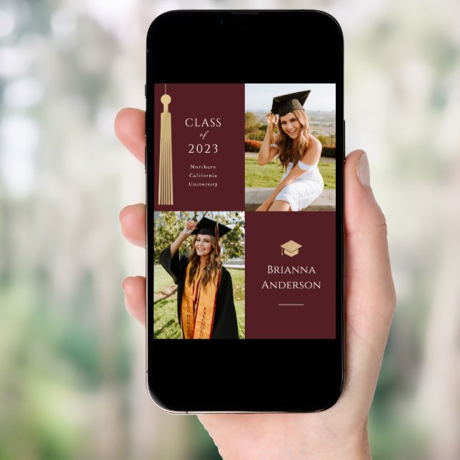 Gold Tassel & Cap 2 Photo Burgundy Graduation Invitation (Front Digital)