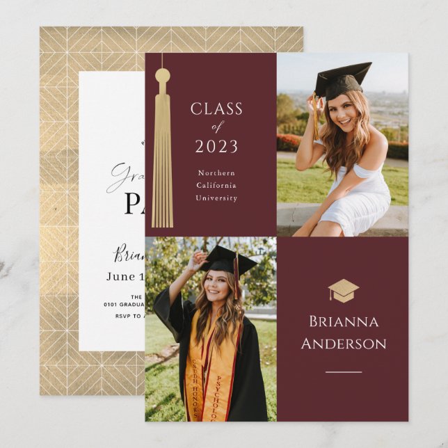 Gold Tassel & Cap 2 Photo Burgundy Graduation Invitation (Front/Back)