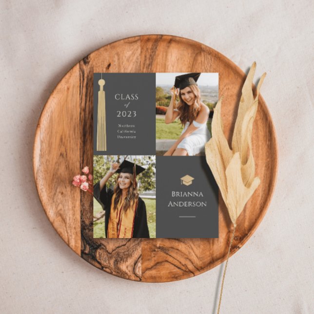 Gold Tassel & Cap 2 Photo Gray Graduation Announcement Postcard (Creator Uploaded)