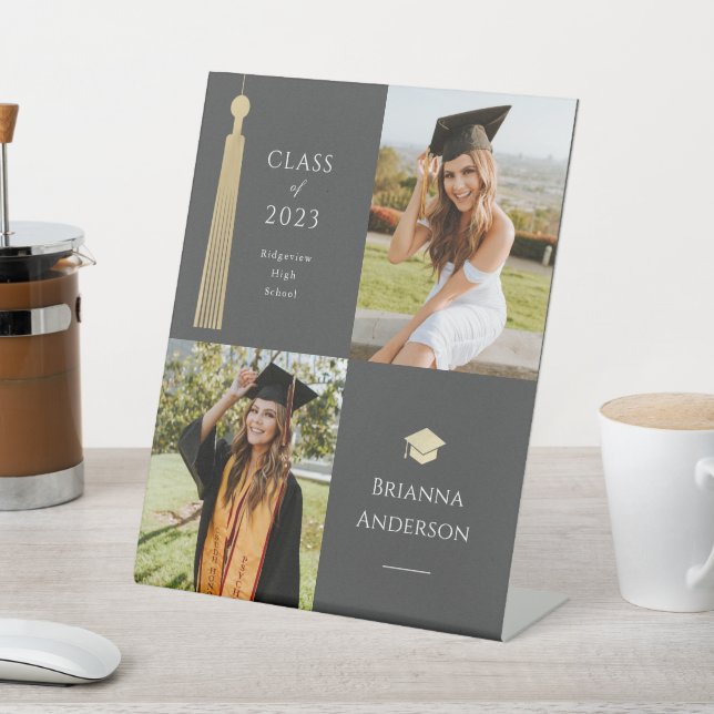 Gold Tassel & Cap Black 2 Photo Graduation Pedestal Sign (In SItu)