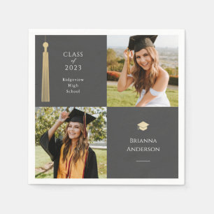 Gold Tassel & Cap Dark Gray 2 Photo Graduation Napkins