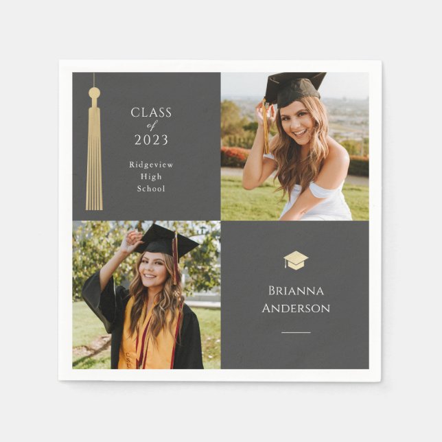 Gold Tassel & Cap Dark Gray 2 Photo Graduation Napkins (Front)