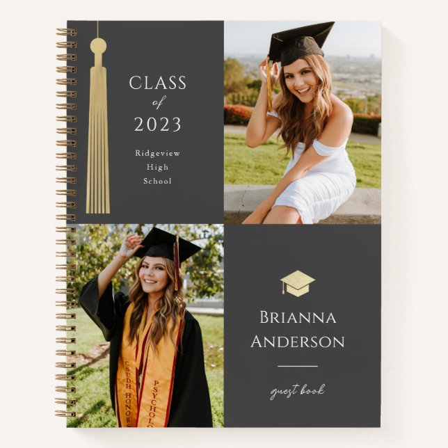 Gold Tassel & Cap Dark Gray 2 Photo Graduation  Notebook (Front)