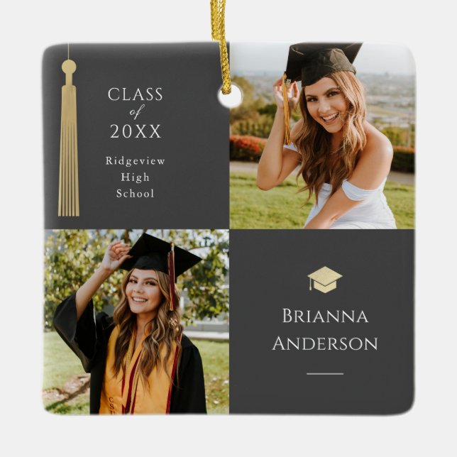 Gold Tassel & Cap Dark Gray Photo Graduation Ceramic Ornament (Front)