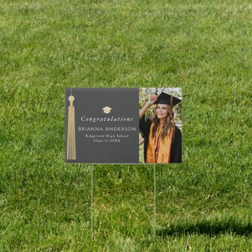Gold Tassel  Cap Dark Gray Photo Graduation Sign