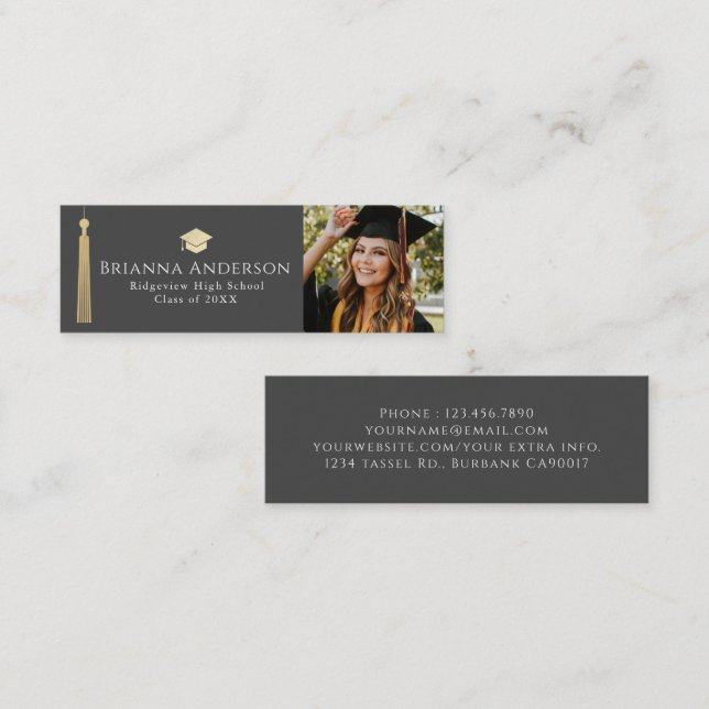 Gold Tassel & Cap Gray Graduation Insert Name Card (Front/Back)
