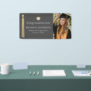 Gold Tassel & Cap Gray Graduation Party Photo Banner
