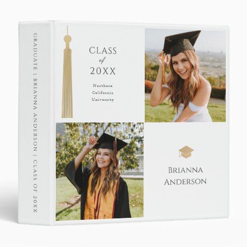 Gold Tassel  Cap Photo Collage White Graduation 3 Ring Binder
