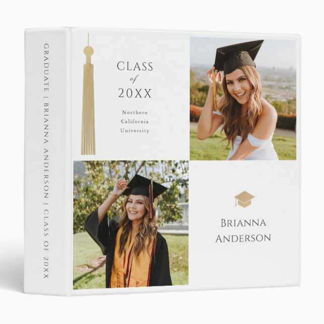 Gold Tassel & Cap Photo Collage White Graduation 3 Ring Binder (Front/Spine)