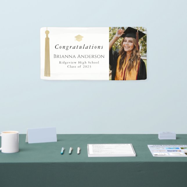 Gold Tassel & Cap White Graduation Party Photo Banner (Tradeshow)