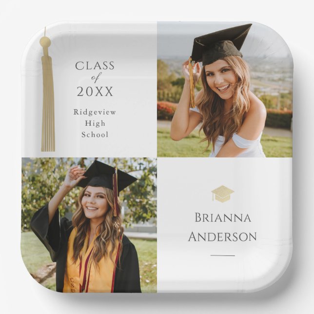 Gold Tassel & Cap White Photo Graduation Paper Plates (Front)