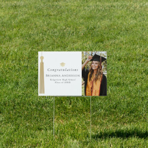 Gold Tassel & Cap White Photo Graduation Sign