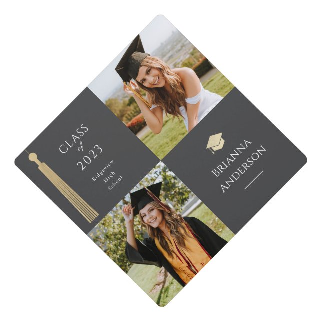Gold Tassel Gray 2 Photo Graduation Cap Toppers (Front)