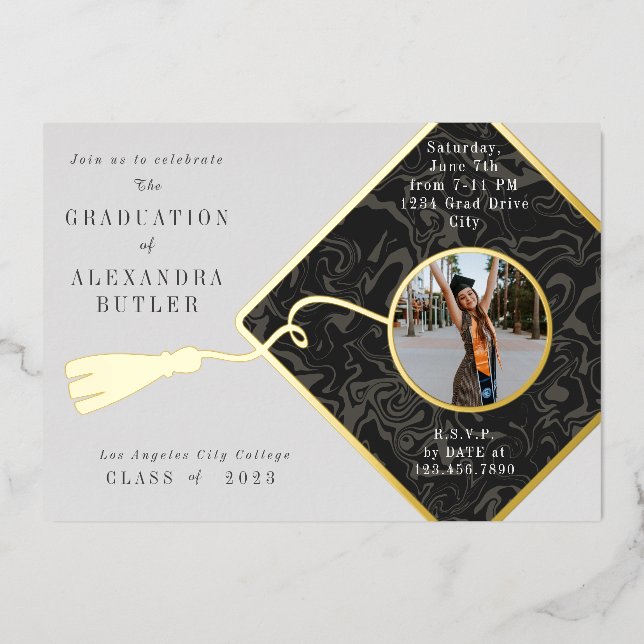 Gold Tassel Photo Script Class 2023 Graduation Foil Invitation (Front)