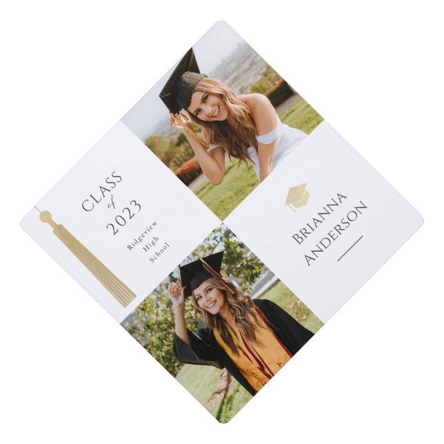 Gold Tassel White 2 Photo Graduation Cap Toppers (Front)