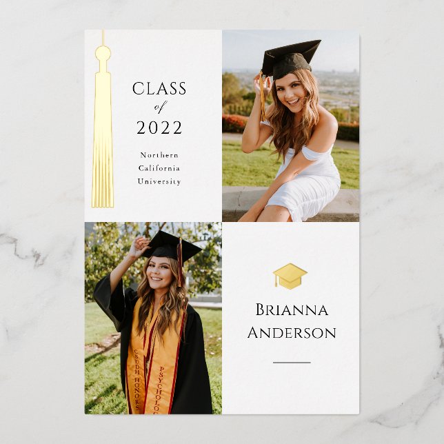 Gold Tassel White 2 Photo Graduation Foil Invitation (Front)